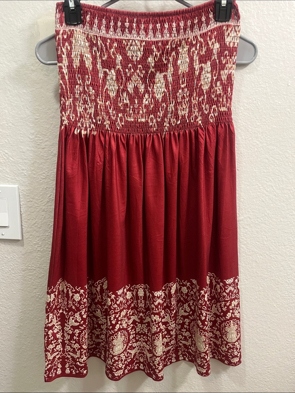 Strapless Smocked Red Printed Midi Dress